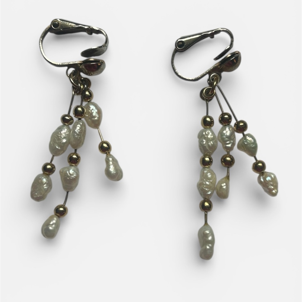 Vintage Pearl & Gold Tone Bead Dangle Earrings - Elegant Drop Style